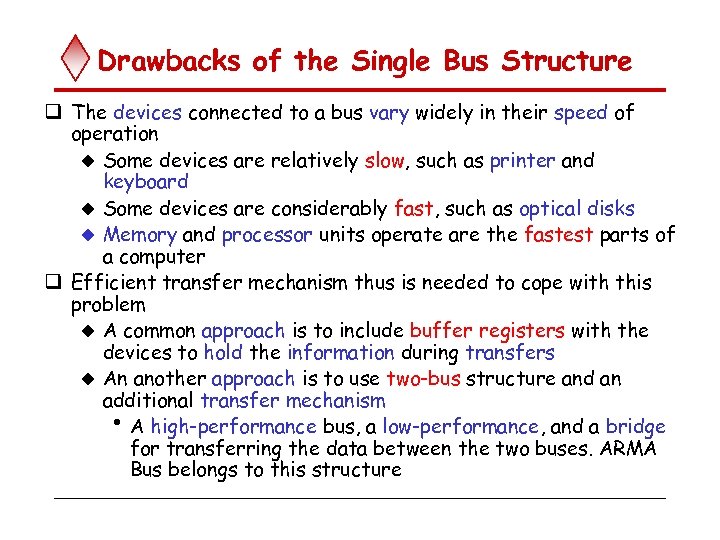 Drawbacks of the Single Bus Structure q The devices connected to a bus vary
