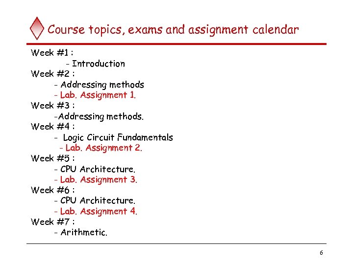 Course topics, exams and assignment calendar Week #1 : - Introduction Week #2 :