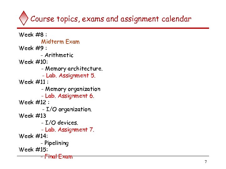 Course topics, exams and assignment calendar Week #8 : Midterm Exam Week #9 :