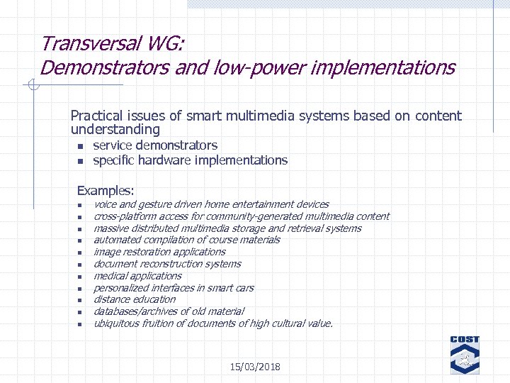 Transversal WG: Demonstrators and low-power implementations Practical issues of smart multimedia systems based on