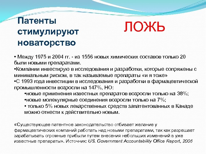 Патенты стимулируют новаторство ЛОЖЬ • Между 1975 и 2004 гг. - из 1556 новых