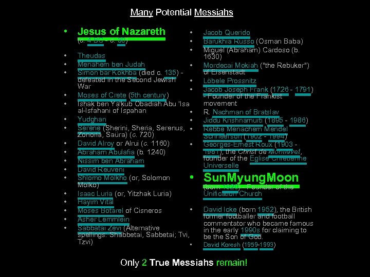 Many Potential Messiahs • Jesus of Nazareth (c. 4 BC - c. 30) •