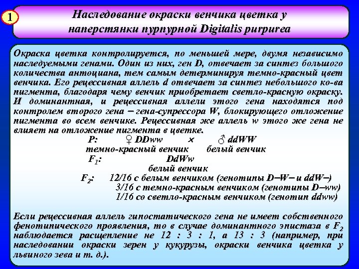 1 Наследование окраски венчика цветка у наперстянки пурпурной Digitalis purpurea Окраска цветка контролируется, по