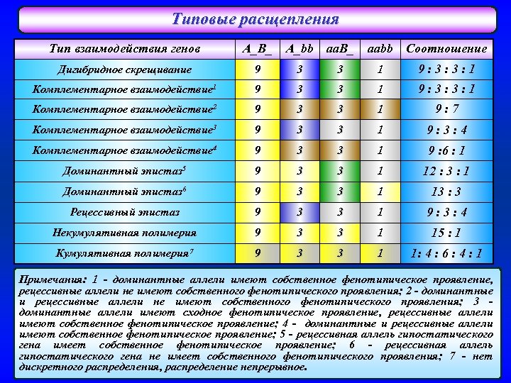 Типовые расщепления Тип взаимодействия генов Дигибридное скрещивание 9 3 Комплементарное взаимодействие 1 A_B_ A_bb