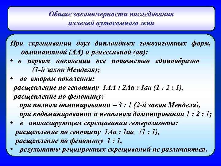 Общие закономерности наследования аллелей аутосомного гена При скрещивании двух диплоидных гомозиготных форм, доминантной (АА)