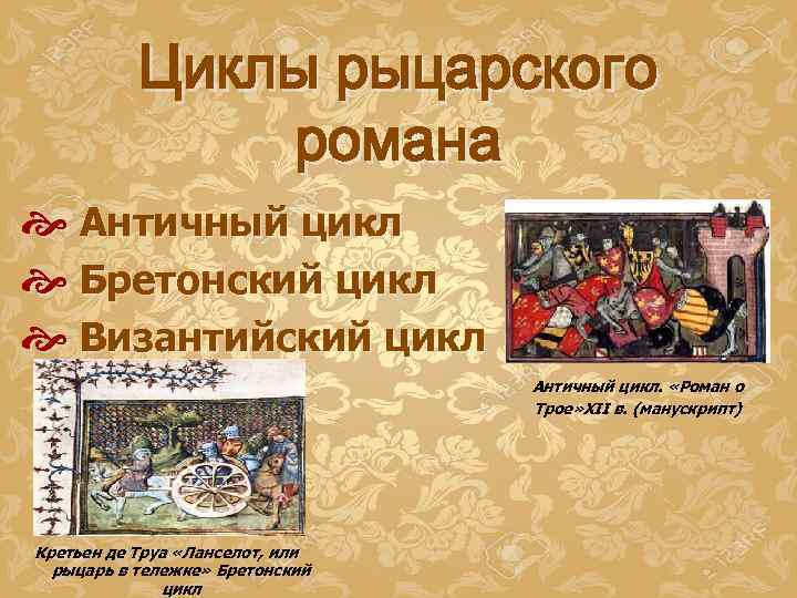 Циклы рыцарского романа Античный цикл Бретонский цикл Византийский цикл Античный цикл. «Роман о Трое»