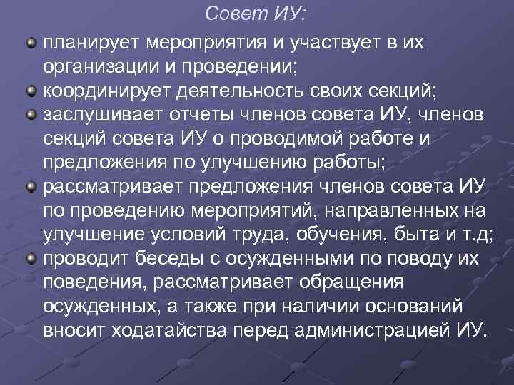 Совет ИУ: планирует мероприятия и участвует в их организации и проведении; координирует деятельность своих