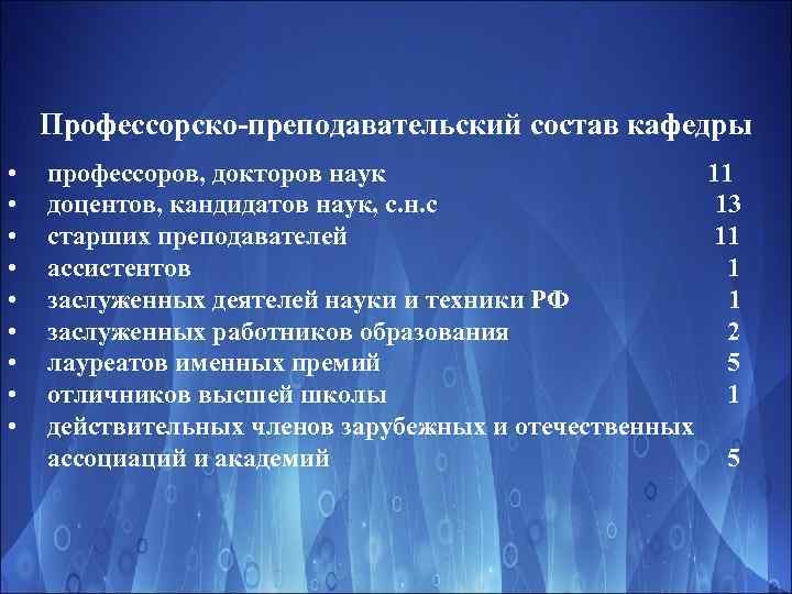 Профессорско-преподавательский состав кафедры • • • профессоров, докторов наук 11 доцентов, кандидатов наук, с.