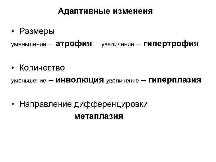 Адаптивные изменеия • Размеры уменьшение – атрофия увеличение – гипертрофия • Количество уменьшение –