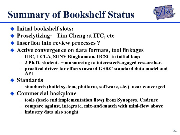 Summary of Bookshelf Status u u Initial bookshelf slots: Proselytizing: Tim Cheng at ITC,