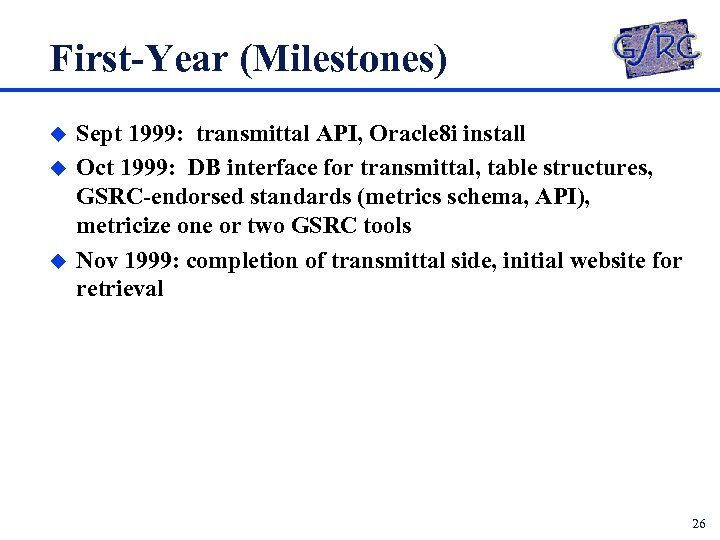 First-Year (Milestones) u u u Sept 1999: transmittal API, Oracle 8 i install Oct