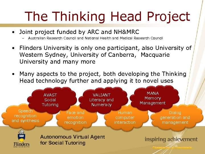 The Thinking Head Project • Joint project funded by ARC and NH&MRC – Australian