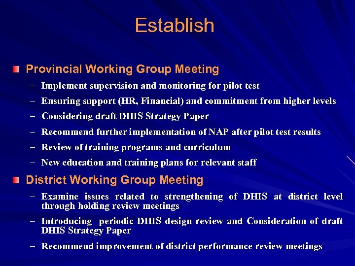 Establish Provincial Working Group Meeting – Implement supervision and monitoring for pilot test –