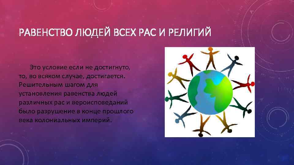 РАВЕНСТВО ЛЮДЕЙ ВСЕХ РАС И РЕЛИГИЙ Это условие если не достигнуто, во всяком случае,