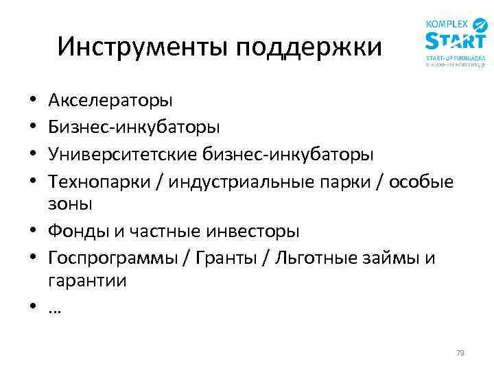 Инструменты поддержки Акселераторы Бизнес-инкубаторы Университетские бизнес-инкубаторы Технопарки / индустриальные парки / особые зоны •