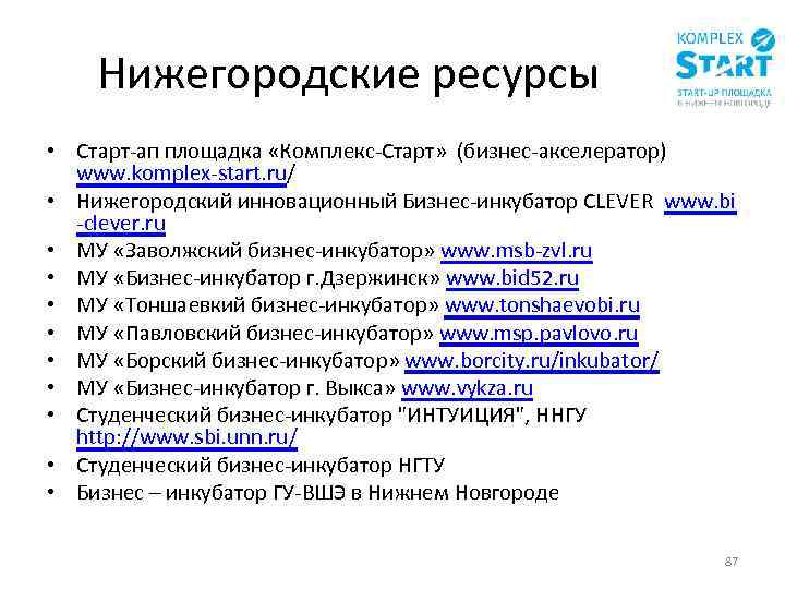 Нижегородские ресурсы • Старт-ап площадка «Комплекс-Старт» (бизнес-акселератор) www. komplex-start. ru/ • Нижегородский инновационный Бизнес-инкубатор