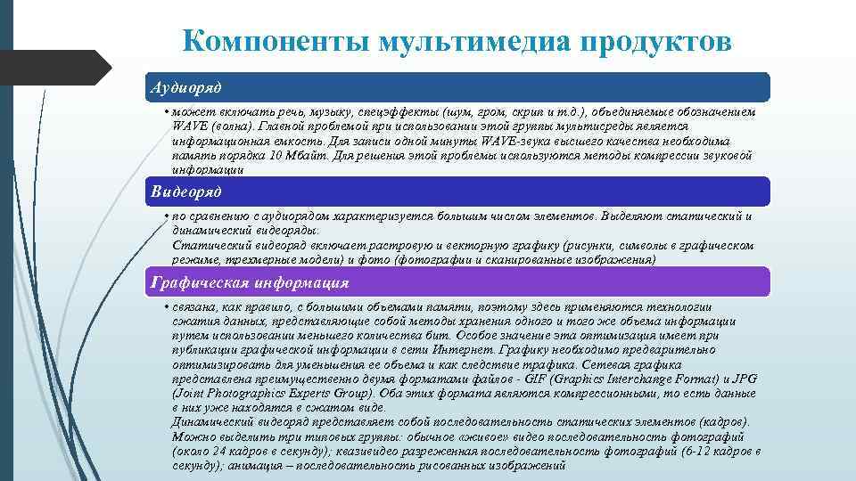 Компоненты мультимедиа продуктов Аудиоряд • может включать речь, музыку, спецэффекты (шум, гром, скрип и