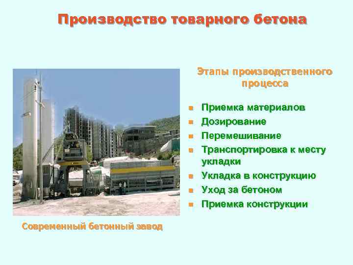 Производство товарного бетона Этапы производственного процесса n n n n Современный бетонный завод Приемка
