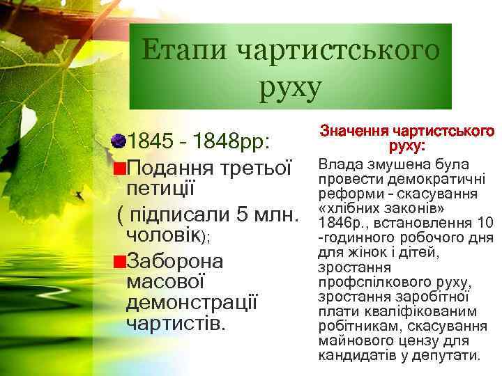 Етапи чартистського руху Значення чартистського 1845 – 1848 рр: руху: Подання третьої Влада змушена