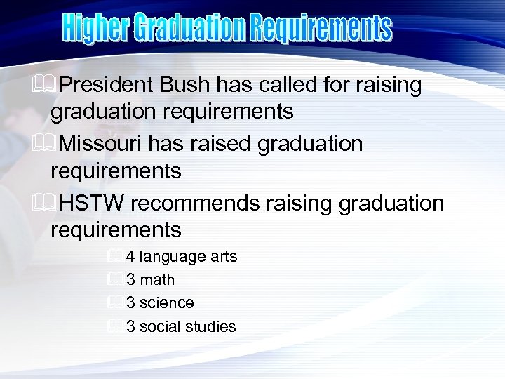 &President Bush has called for raising graduation requirements &Missouri has raised graduation requirements &HSTW