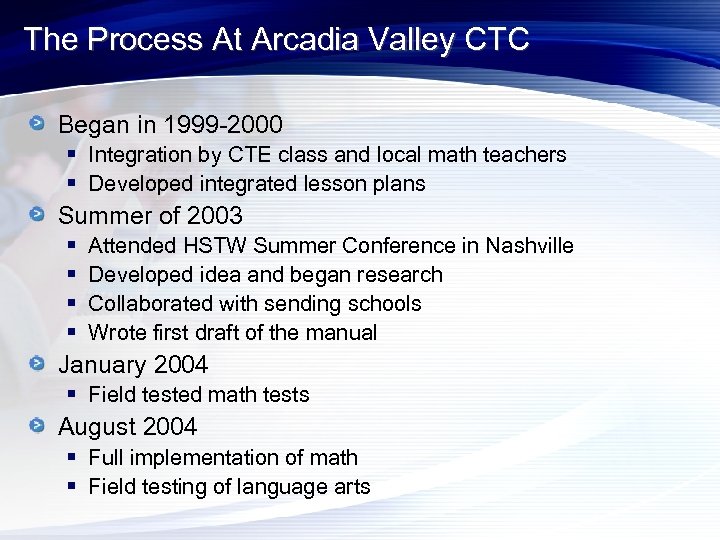 The Process At Arcadia Valley CTC Began in 1999 -2000 § Integration by CTE