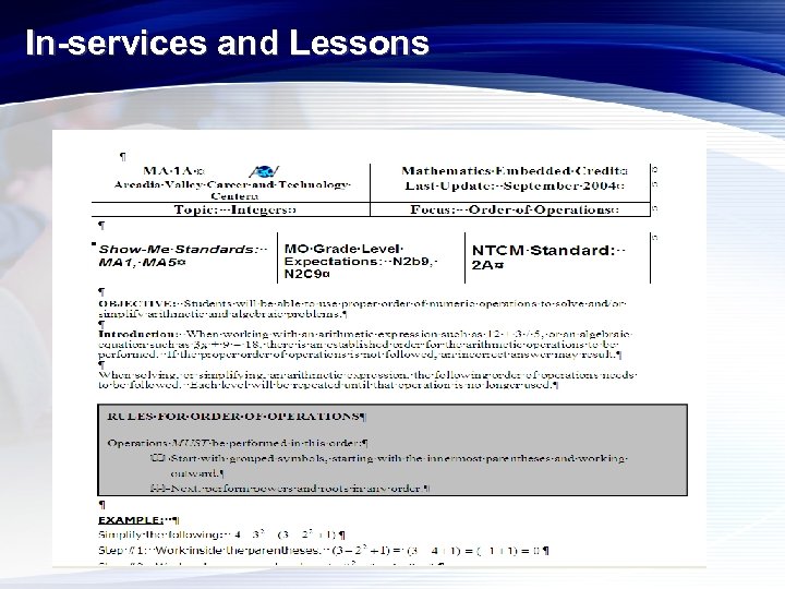 In-services and Lessons 