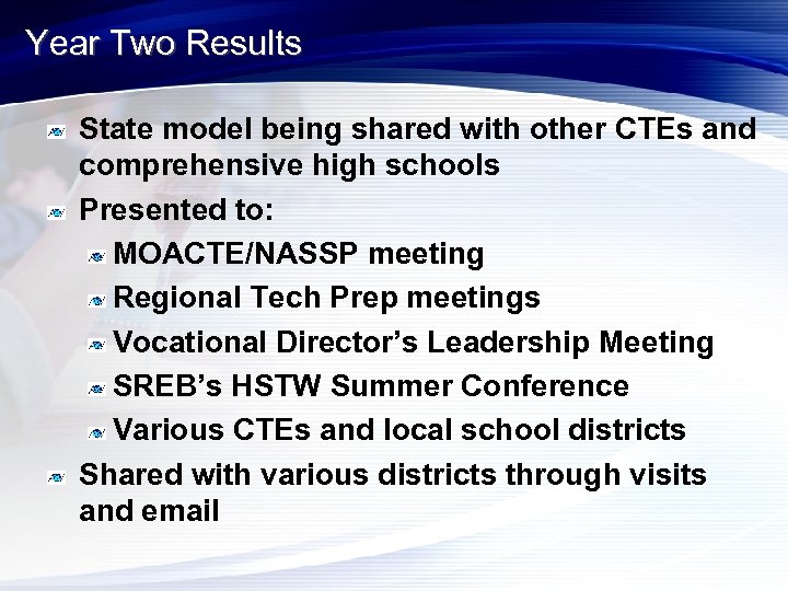 Year Two Results State model being shared with other CTEs and comprehensive high schools