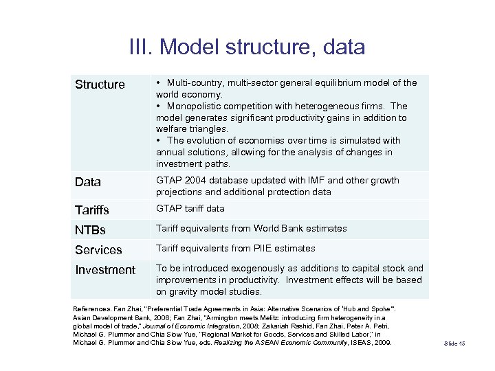 III. Model structure, data Structure • Multi-country, multi-sector general equilibrium model of the world