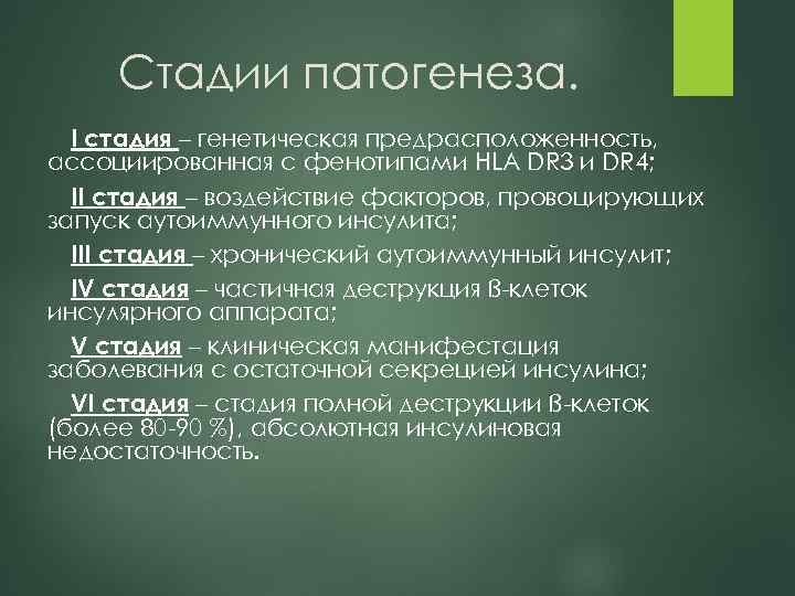 Стадии патогенеза. I стадия – генетическая предрасположенность, ассоциированная с фенотипами HLA DR 3 и