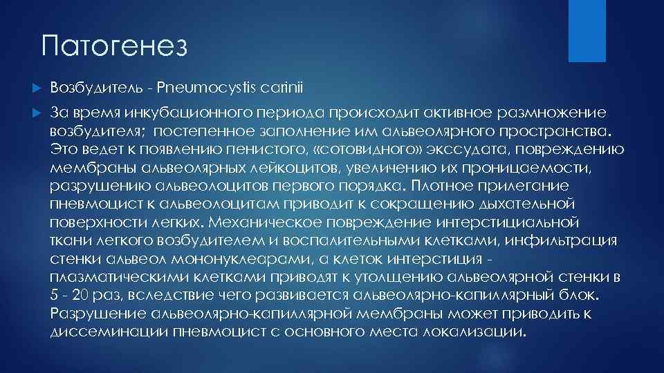 Патогенез Возбудитель - Pneumocystis carinii За время инкубационного периода происходит активное размножение возбудителя; постепенное