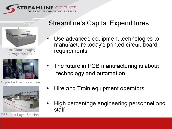  Streamline’s Capital Expenditures Laser Direct Imaging Nuvogo 800 LDI • Use advanced equipment