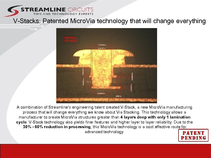 V-Stacks: Patented Micro. Via technology that will change everything A combination of Streamline's engineering