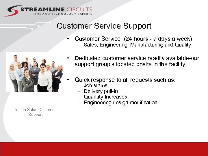 Customer Service Support • Customer Service (24 hours - 7 days a week) –