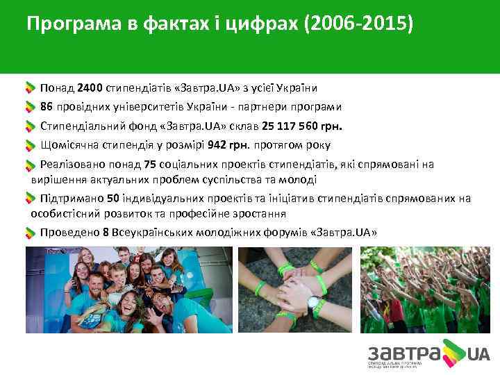 Програма в фактах і цифрах (2006 -2015) • Понад 2400 стипендіатів «Завтра. UA» з