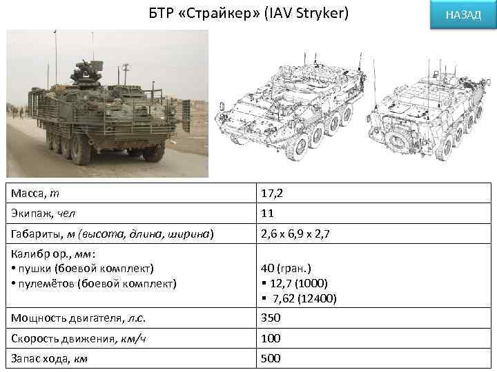 БТР «Страйкер» (IAV Stryker) Масса, т 17, 2 Экипаж, чел 11 Габариты, м (высота,