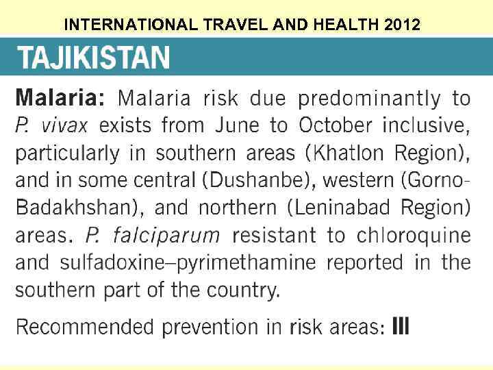 INTERNATIONAL TRAVEL AND HEALTH 2012 