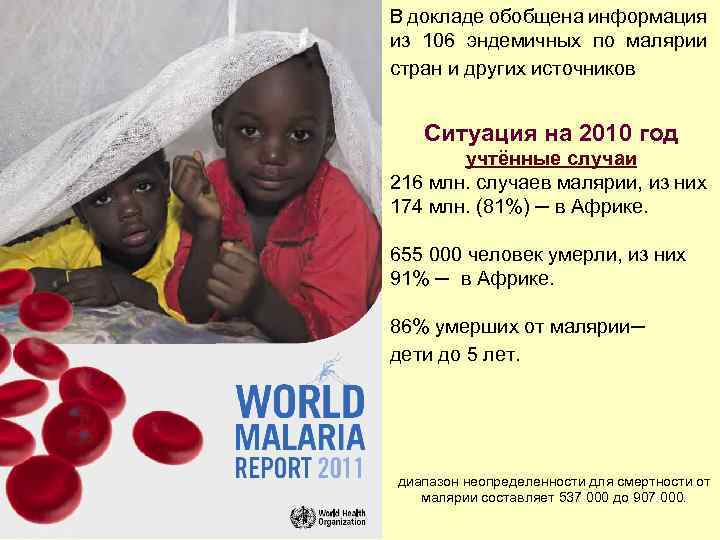В докладе обобщена информация из 106 эндемичных по малярии стран и других источников Ситуация