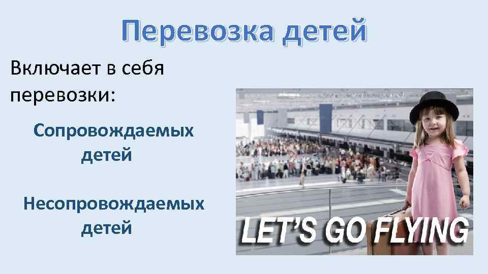 Перевозка детей Включает в себя перевозки: Сопровождаемых детей Несопровождаемых детей 