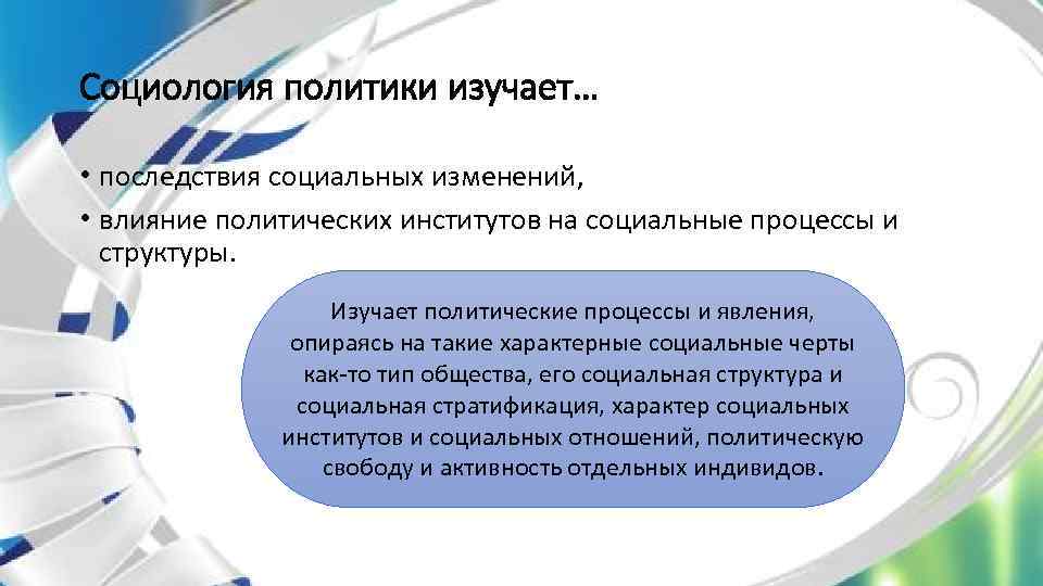 Социология политики изучает… • последствия социальных изменений, • влияние политических институтов на социальные процессы