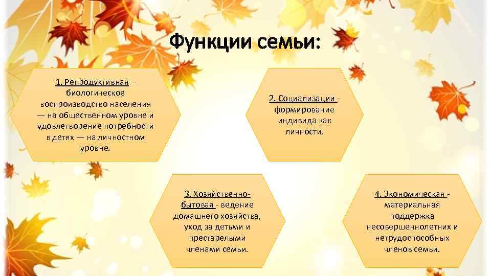 Функции семьи: 1. Репродуктивная – биологическое воспроизводство населения — на общественном уровне и удовлетворение