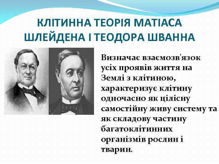 КЛІТИННА ТЕОРІЯ МАТІАСА ШЛЕЙДЕНА І ТЕОДОРА ШВАННА Визначає взаємозв'язок усіх проявів життя на Землі