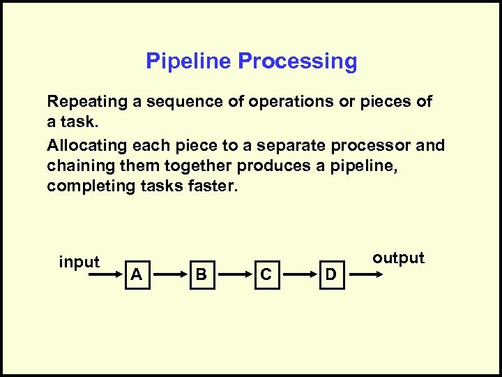 Pipeline Processing Repeating a sequence of operations or pieces of a task. Allocating each