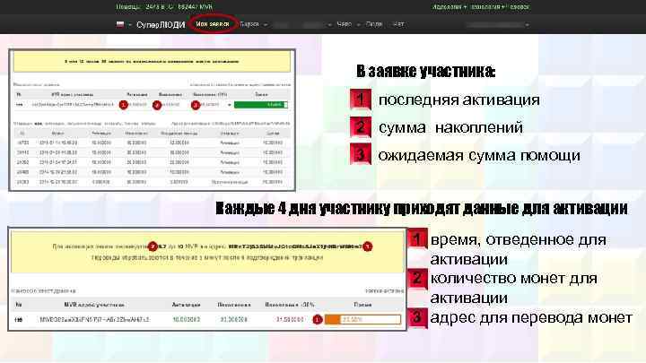 В заявке участника: 1 последняя активация 2 сумма накоплений 3 ожидаемая сумма помощи Каждые