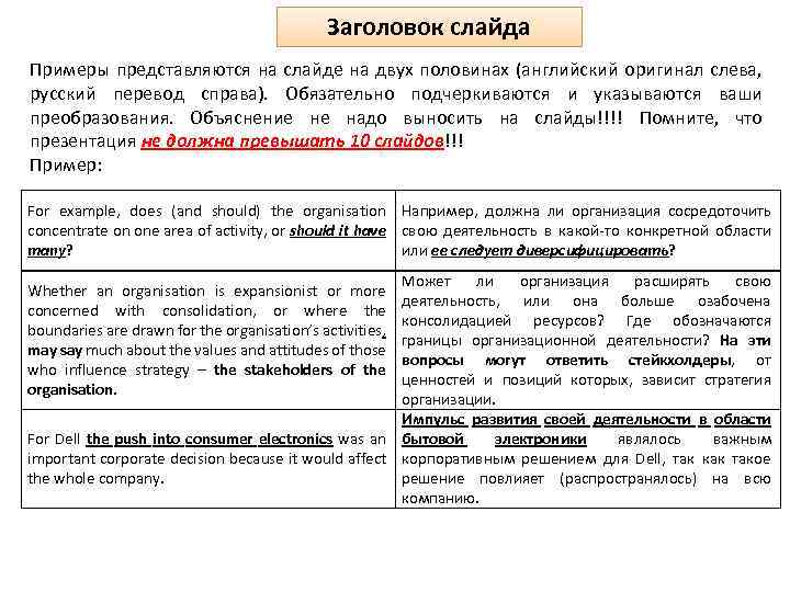 Заголовок слайда Примеры представляются на слайде на двух половинах (английский оригинал слева, русский перевод