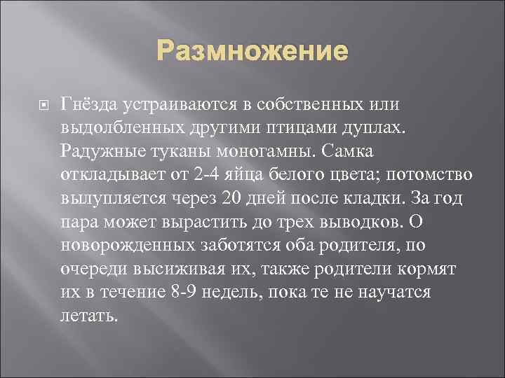 Размножение Гнёзда устраиваются в собственных или выдолбленных другими птицами дуплах. Радужные туканы моногамны. Самка