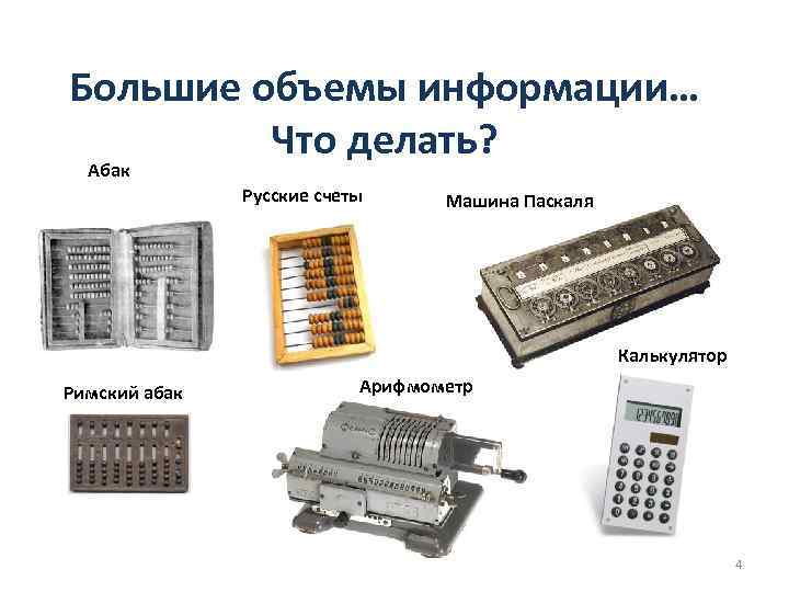 Большие объемы информации… Что делать? Абак Русские счеты Машина Паскаля Калькулятор Римский абак Арифмометр