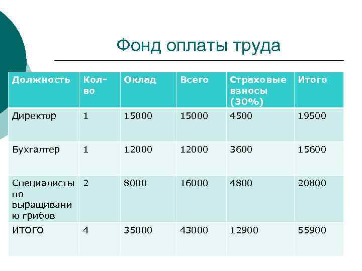 Фонд оплаты труда Должность Колво Оклад Всего Страховые взносы (30%) Итого Директор 1 15000