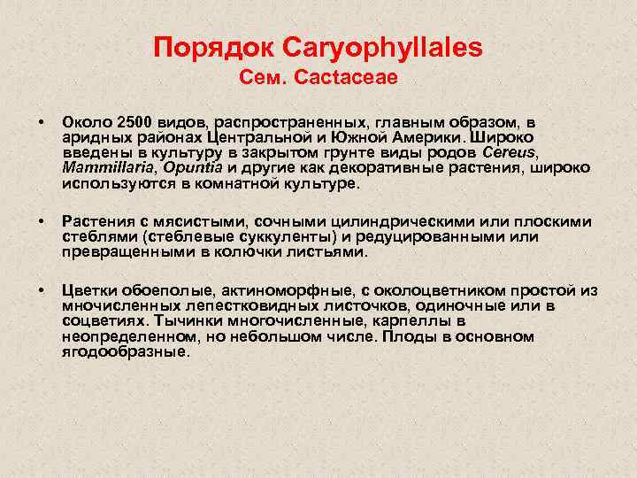 Порядок Caryophyllales Сем. Cactaceae • Около 2500 видов, распространенных, главным образом, в аридных районах