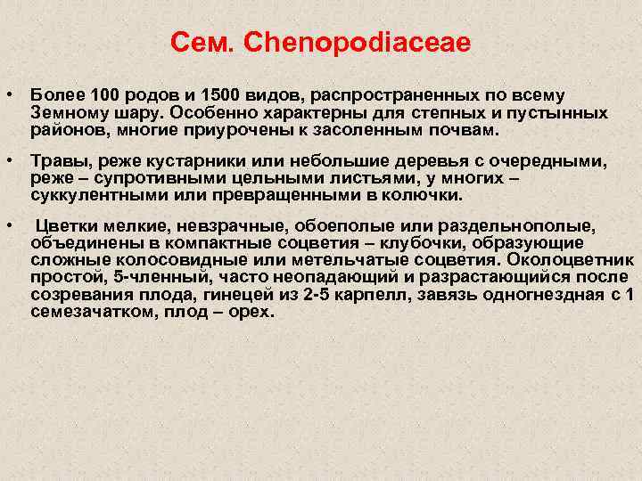 Сем. Chenopodiaceae • Более 100 родов и 1500 видов, распространенных по всему Земному шару.