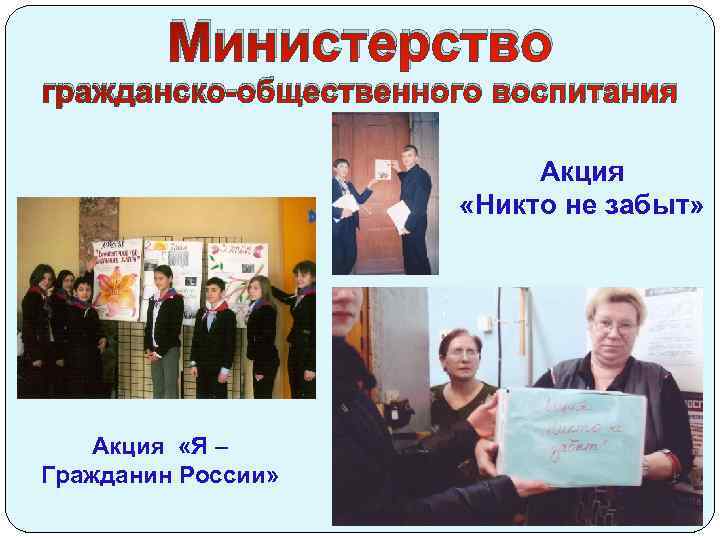 Министерство гражданско-общественного воспитания Акция «Никто не забыт» Акция «Я – Гражданин России» 